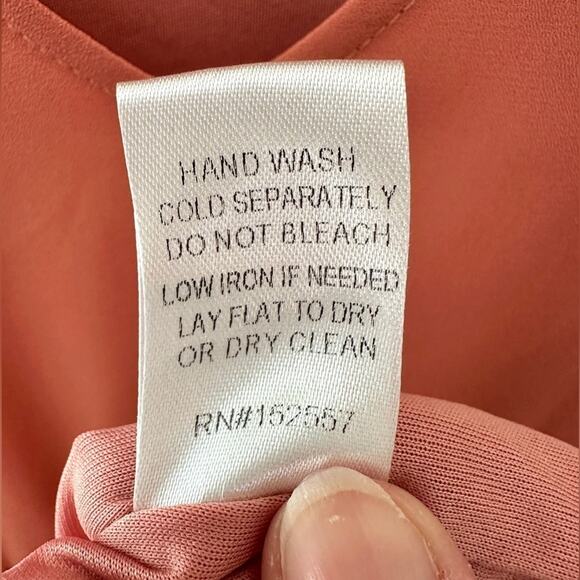 ROOLEE | Warm Pink V-Neck Midi Dress 3/4 Sleeve Pleated Waist | Small - Picture 7 of 7
